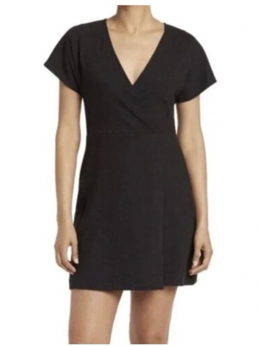 Madewell Textured Faux WrapBlack V-Neck Short Sleeve Mini Dress 1X